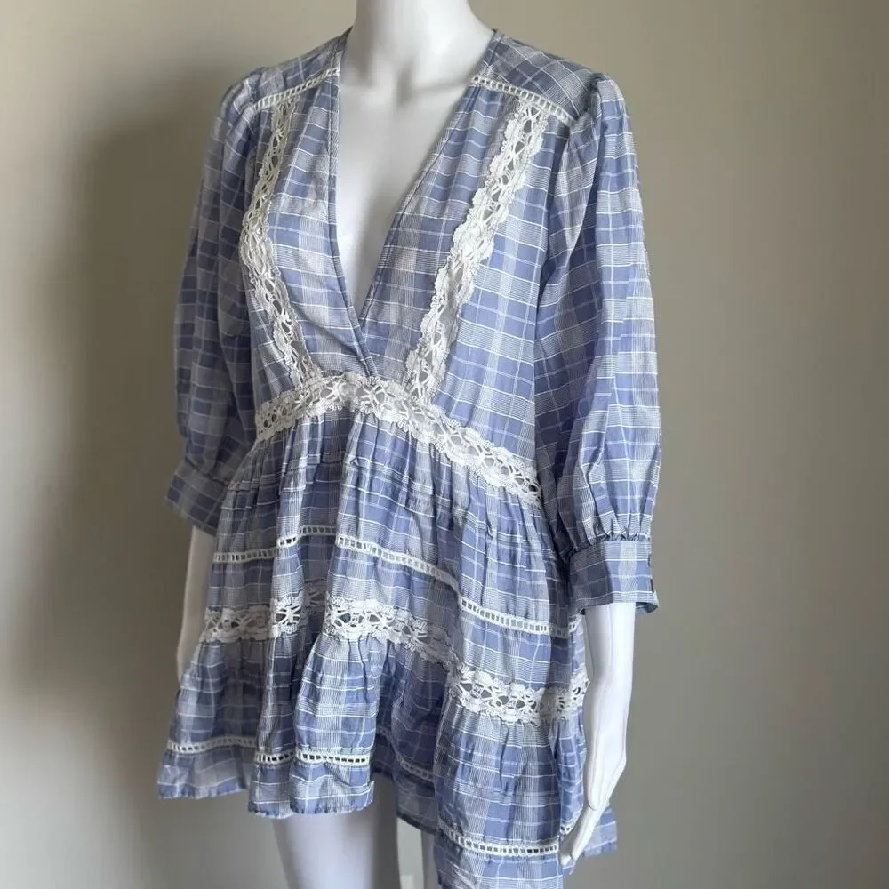Free People Boho Lace Crotchet Plaid Puff Sleeve Top